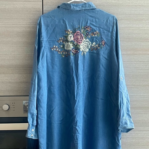 Promod floral embroidered denim midi dress with long sleeve size L for women - Picture 1 of 10